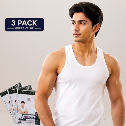 Pack of 3 Men's Summer Cotton White Vest (Sleeveless)